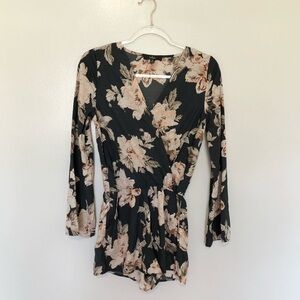 Lulus Prairie Daydream Washed Navy Blue Floral Print Romper Long Sleeves XS